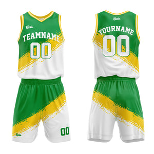 Uniforme de baloncesto personalizado verde-amarillo y blanco con tu logotipo-nombre y número impresos