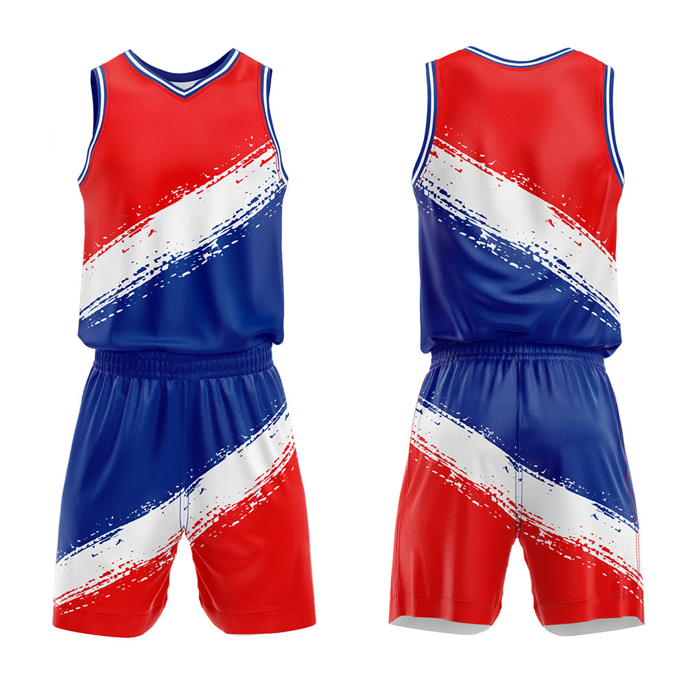 Uniforme de baloncesto personalizado rojo-blanco y azul con tu logotipo-nombre y número impresos