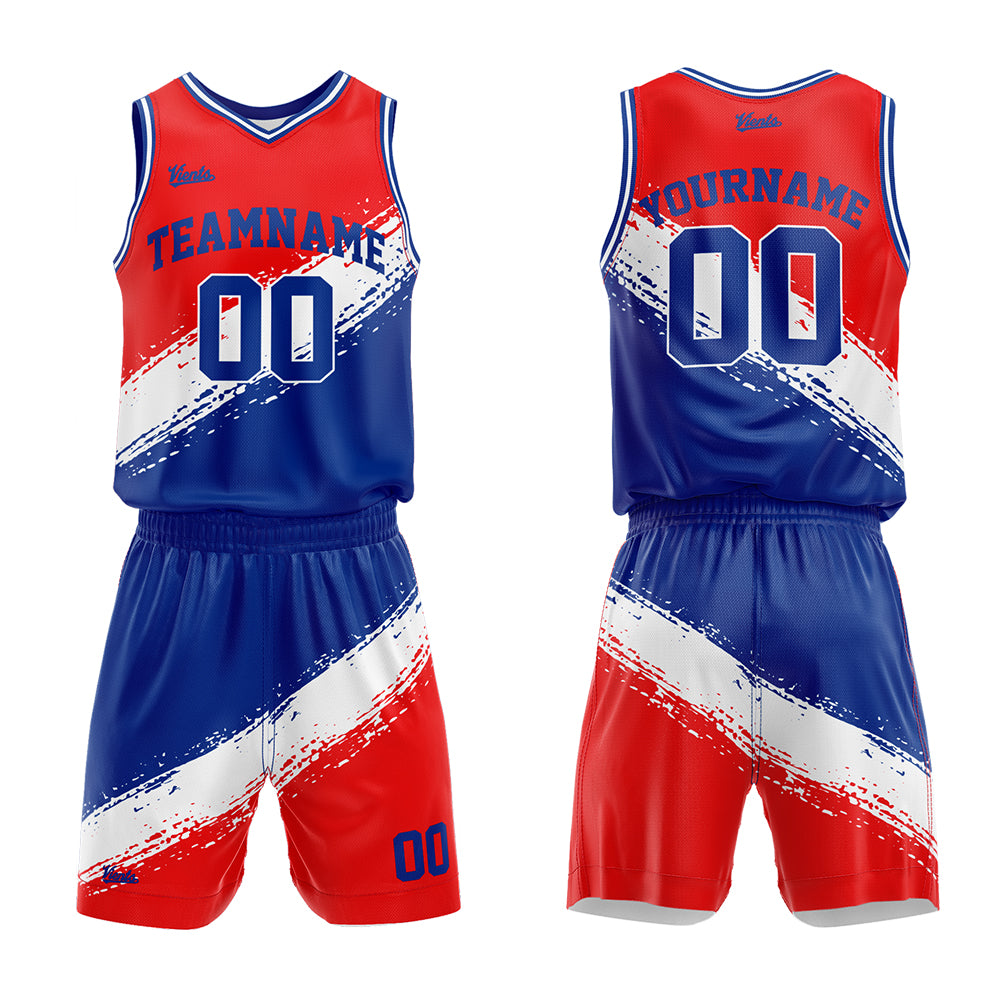 Uniforme de baloncesto personalizado rojo-blanco y azul con tu logotipo-nombre y número impresos