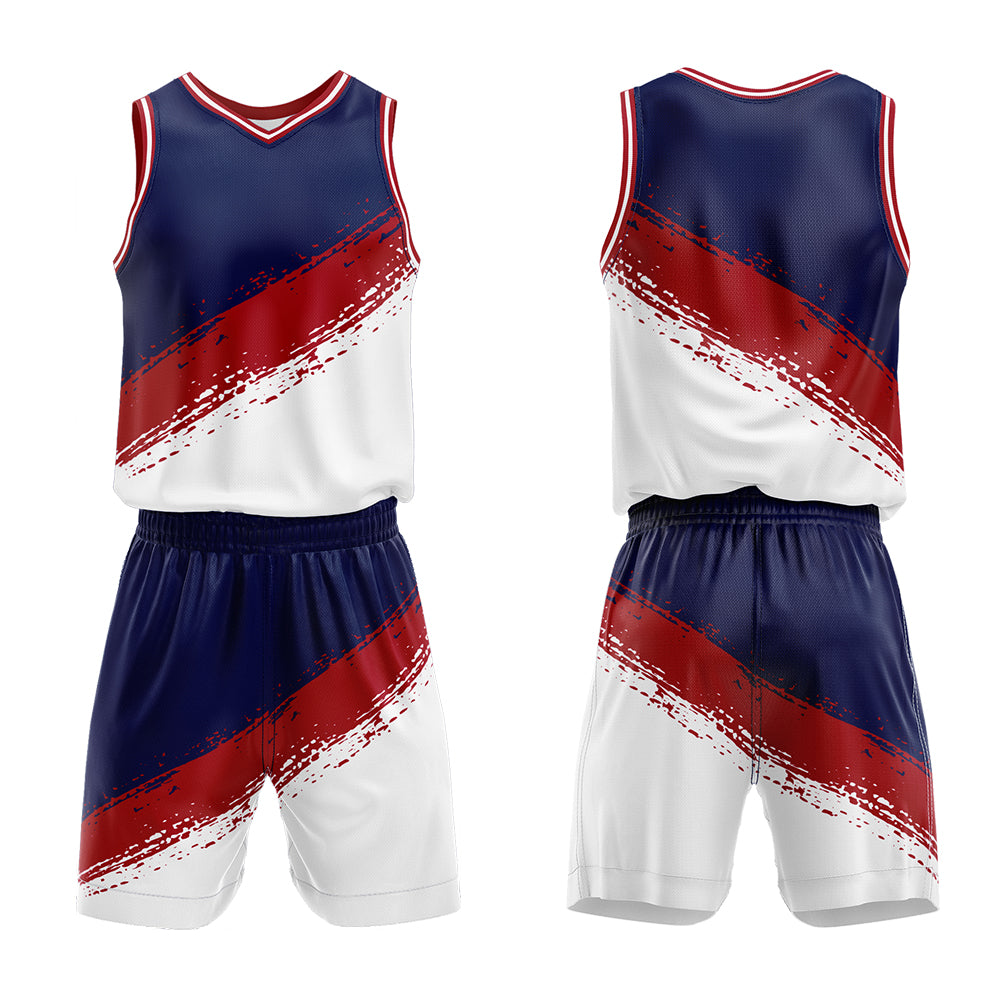 Uniforme de baloncesto personalizado azul marino-rojo y blanco con tu logotipo-nombre y número impresos