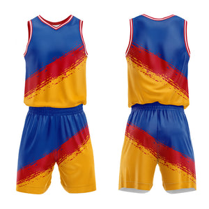Uniforme de baloncesto personalizado rojo y amarillo con tu logotipo-nombre y número impresos