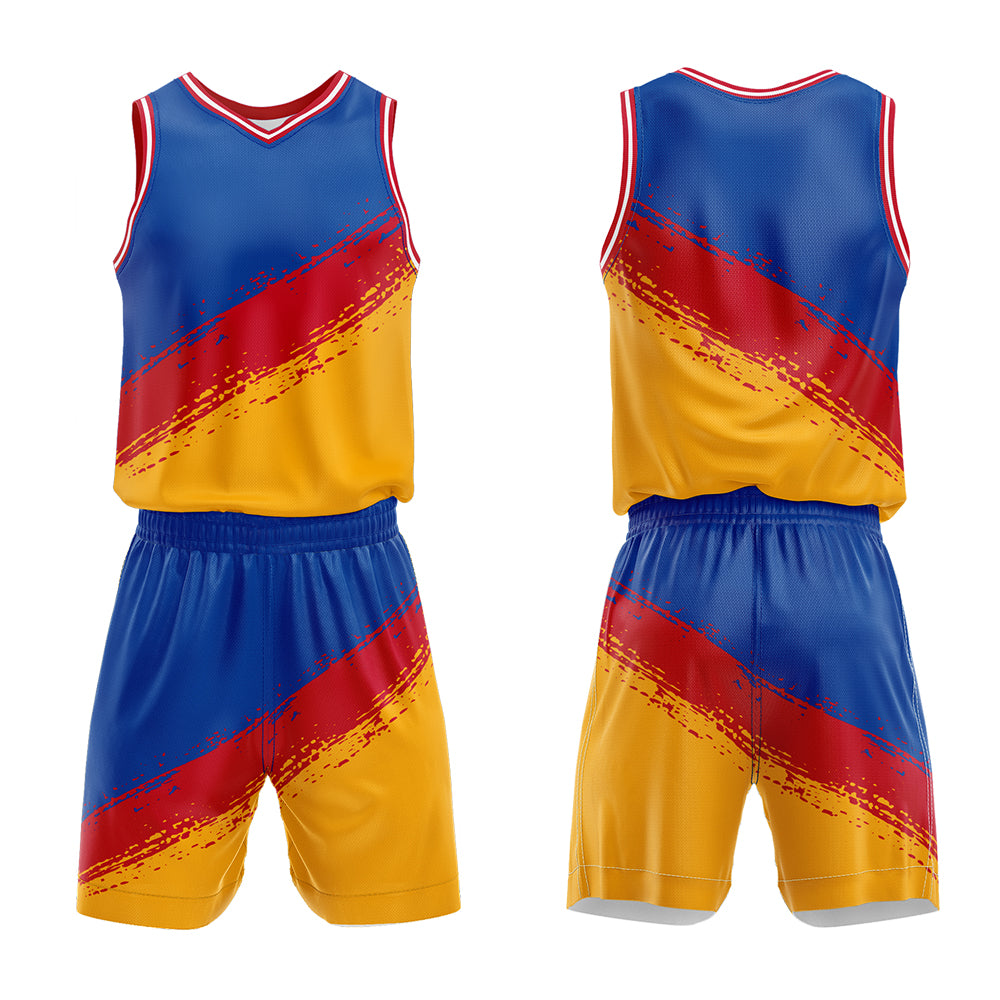 Uniforme de baloncesto personalizado rojo y amarillo con tu logotipo-nombre y número impresos