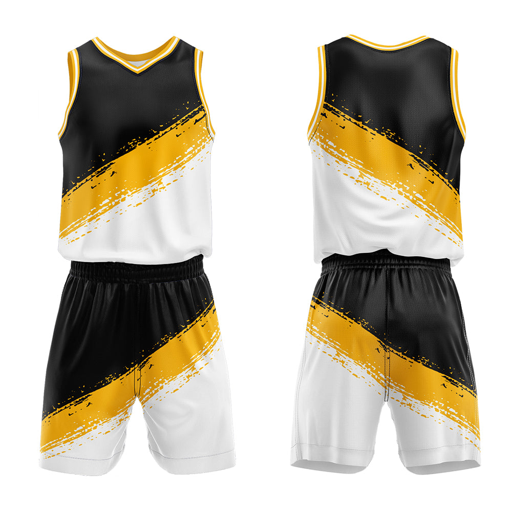 Uniforme de baloncesto personalizado en negro-amarillo y blanco con tu logotipo-nombre y número impresos