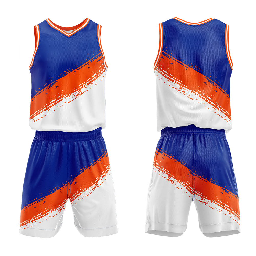 Uniforme de baloncesto personalizado en naranja real y blanco con tu logotipo-nombre y número impresos