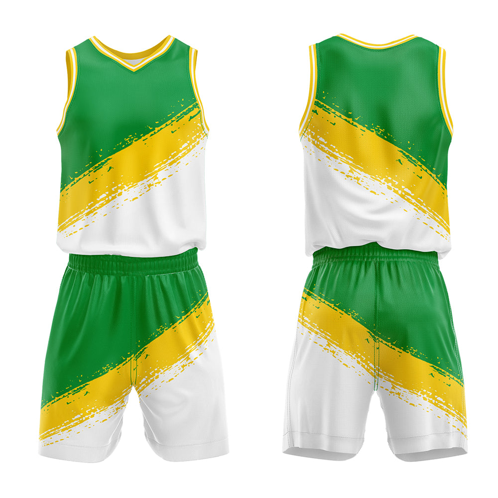 Uniforme de baloncesto personalizado verde-amarillo y blanco con tu logotipo-nombre y número impresos