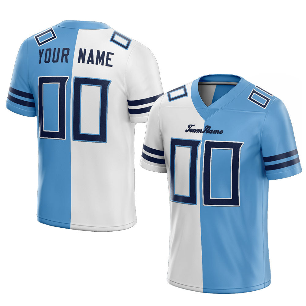 custom authentic split fashion football jersey light blue-white-navy mesh