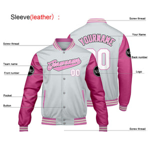 Chaquetas universitarias personalizadas en gris claro y rosa para hombres & mujeres y jóvenes & Chaquetas Letterman personalizadas