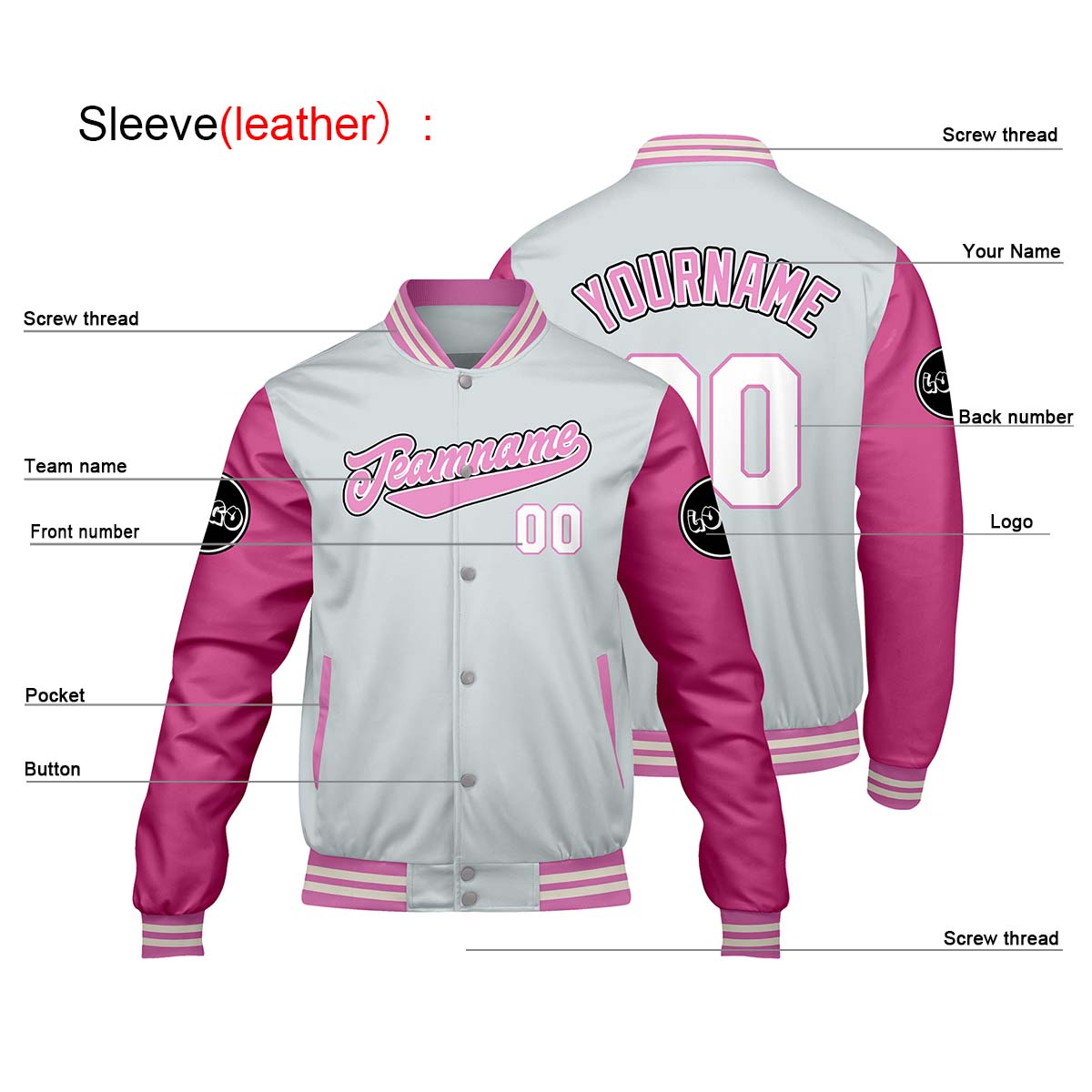 Chaquetas universitarias personalizadas en gris claro y rosa para hombres & mujeres y jóvenes & Chaquetas Letterman personalizadas