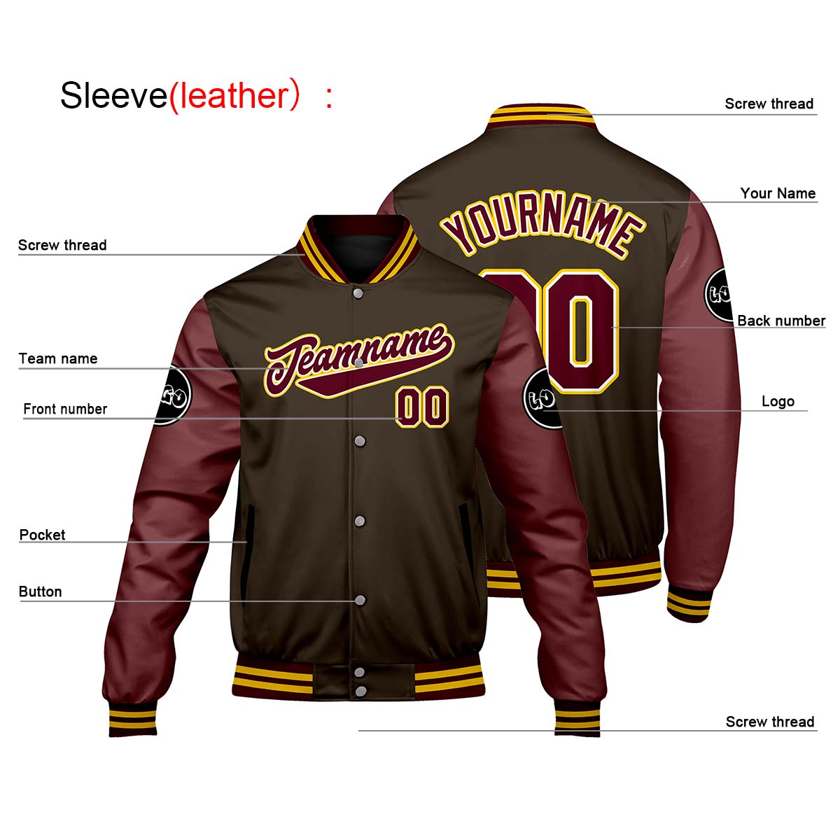 Chaquetas universitarias personalizadas en color marrón y rojo para hombres & mujeres y jóvenes & Chaquetas Letterman personalizadas