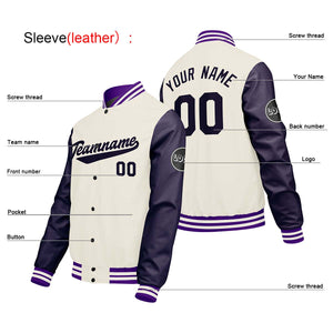 Chaquetas universitarias personalizadas color crema & blanco y morado para hombres & mujeres y jóvenes & Chaquetas Letterman personalizadas