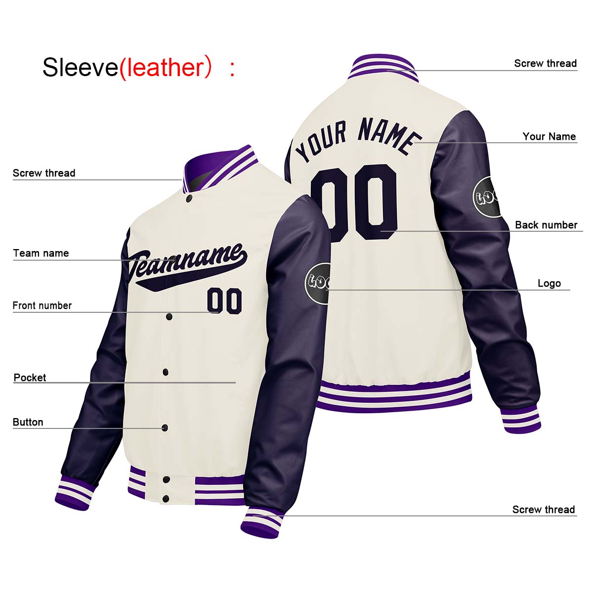 Chaquetas universitarias personalizadas color crema & blanco y morado para hombres & mujeres y jóvenes & Chaquetas Letterman personalizadas
