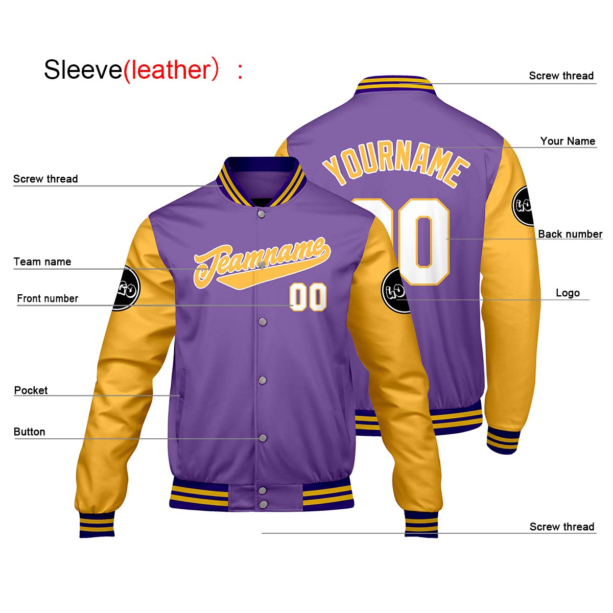 Chaquetas universitarias personalizadas en color morado y amarillo para hombres & mujeres y jóvenes & Chaquetas estilo Letterman personalizadas