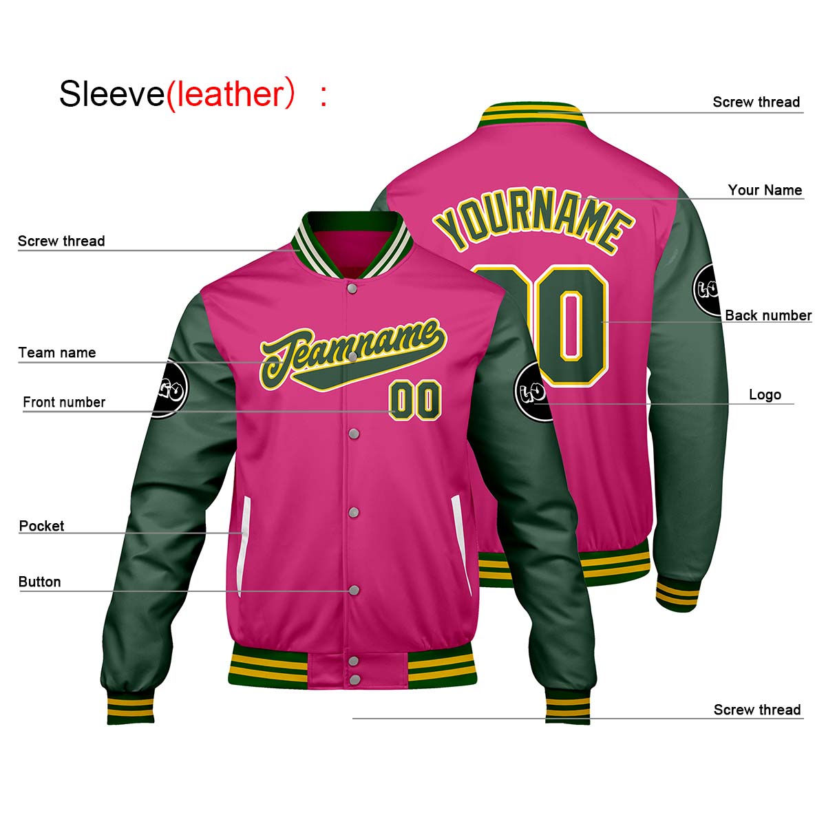 Chaquetas universitarias personalizadas en rosa y verde para hombres & mujeres y jóvenes & Chaquetas Letterman personalizadas
