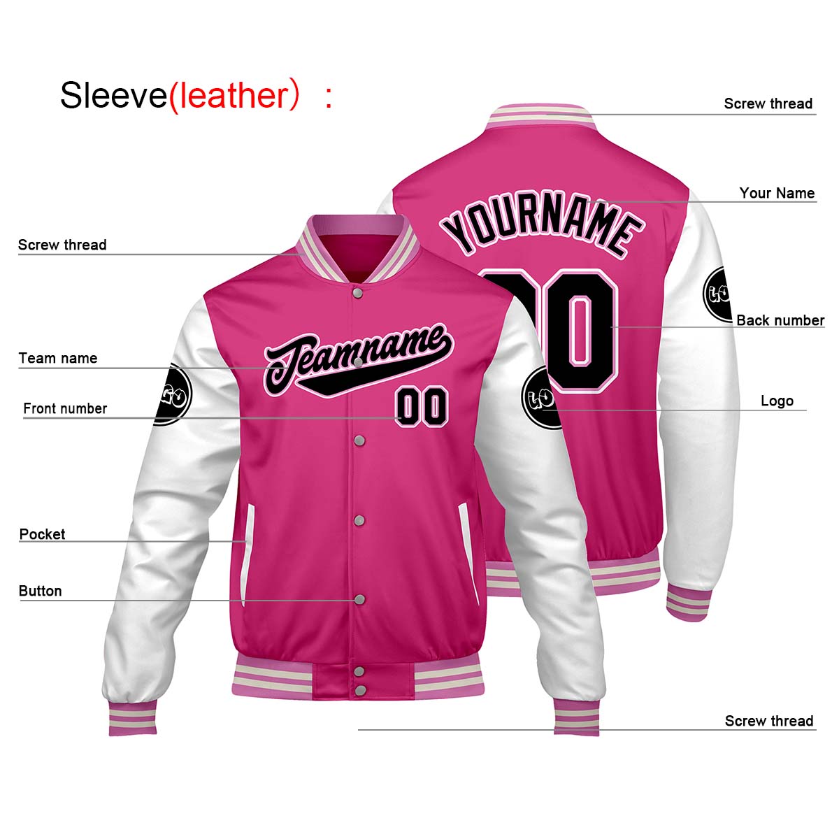 Chaquetas universitarias personalizadas en rosa y blanco para hombres & mujeres y jóvenes & Chaquetas Letterman personalizadas