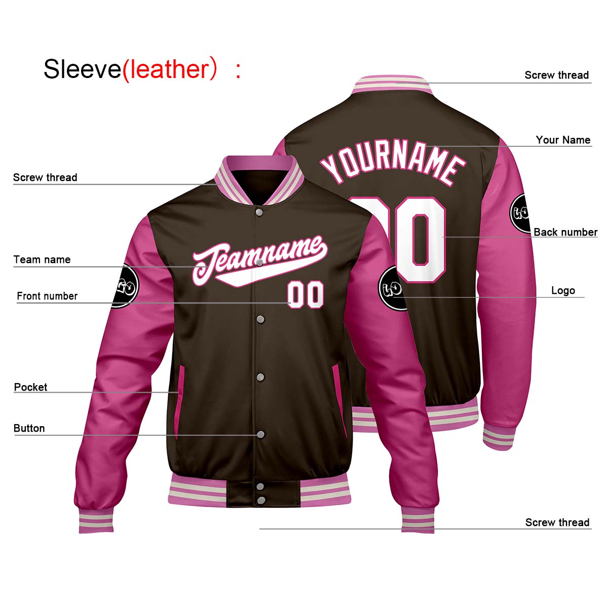 Chaquetas universitarias personalizadas en color marrón y rosa para hombres & mujeres y jóvenes & Chaquetas estilo Letterman personalizadas