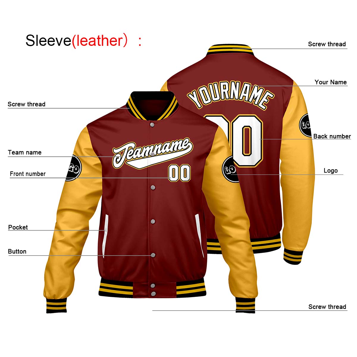 Chaquetas universitarias rojas y amarillas personalizadas para hombres & mujeres y jóvenes & Chaquetas Letterman personalizadas