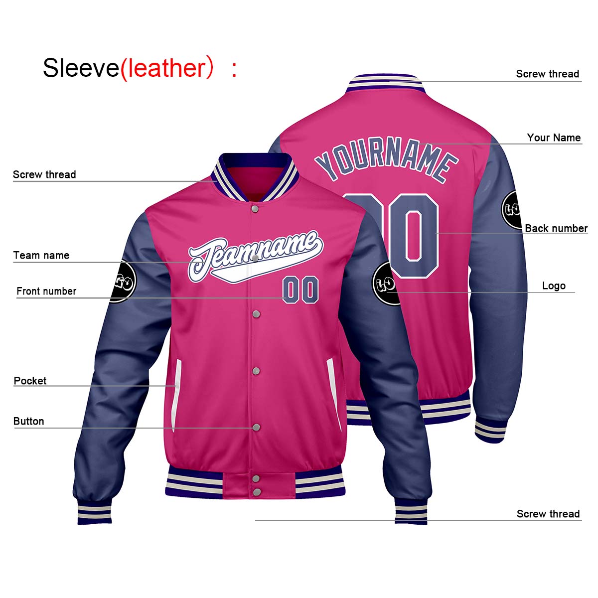 Chaquetas universitarias personalizadas en rosa y morado para hombres & mujeres y jóvenes & Chaquetas tipo Letterman personalizadas