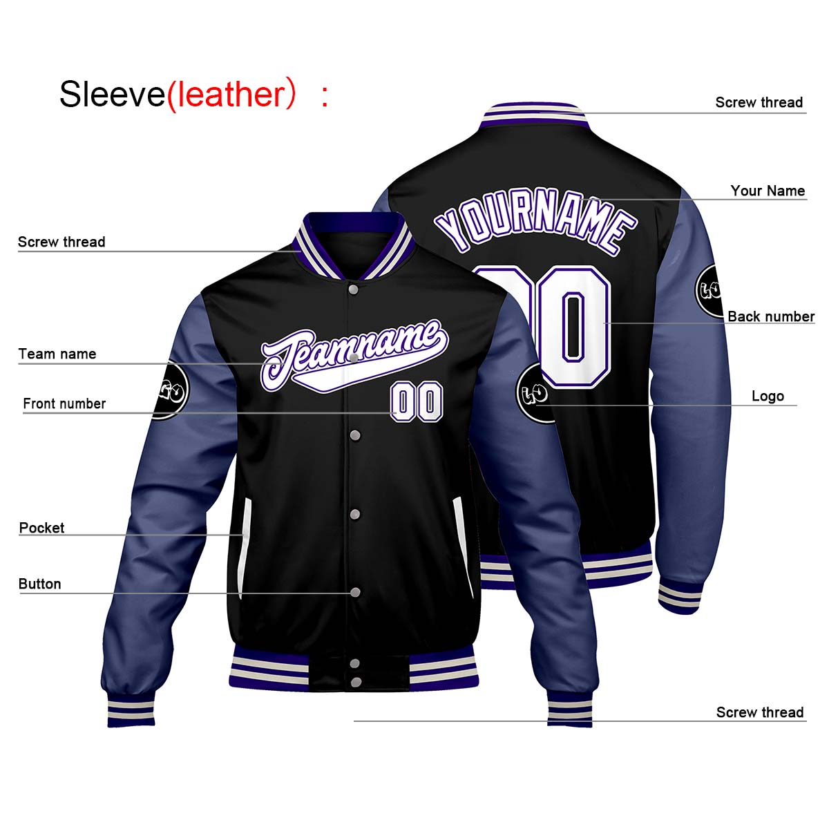 Chaquetas universitarias personalizadas negras y moradas para hombres & mujeres y jóvenes & Chaquetas Letterman personalizadas