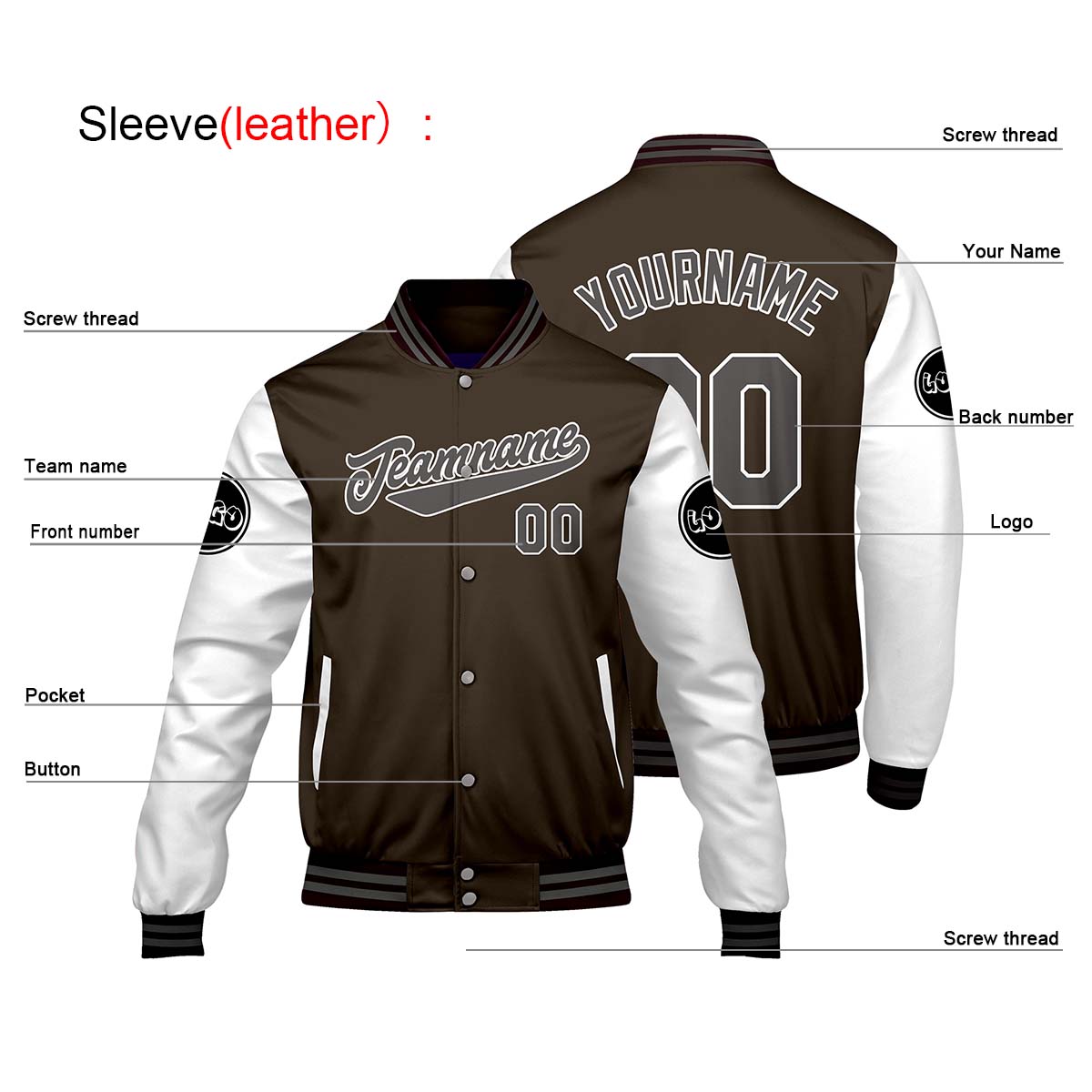 Chaquetas universitarias personalizadas en color marrón y blanco para hombres & mujeres y jóvenes & Chaquetas Letterman personalizadas