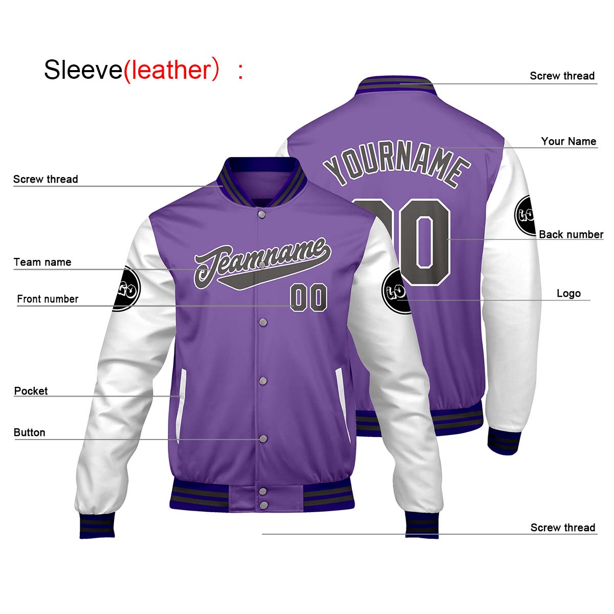 Chaquetas universitarias personalizadas en color morado y blanco para hombres & mujeres y jóvenes & Chaquetas tipo Letterman personalizadas