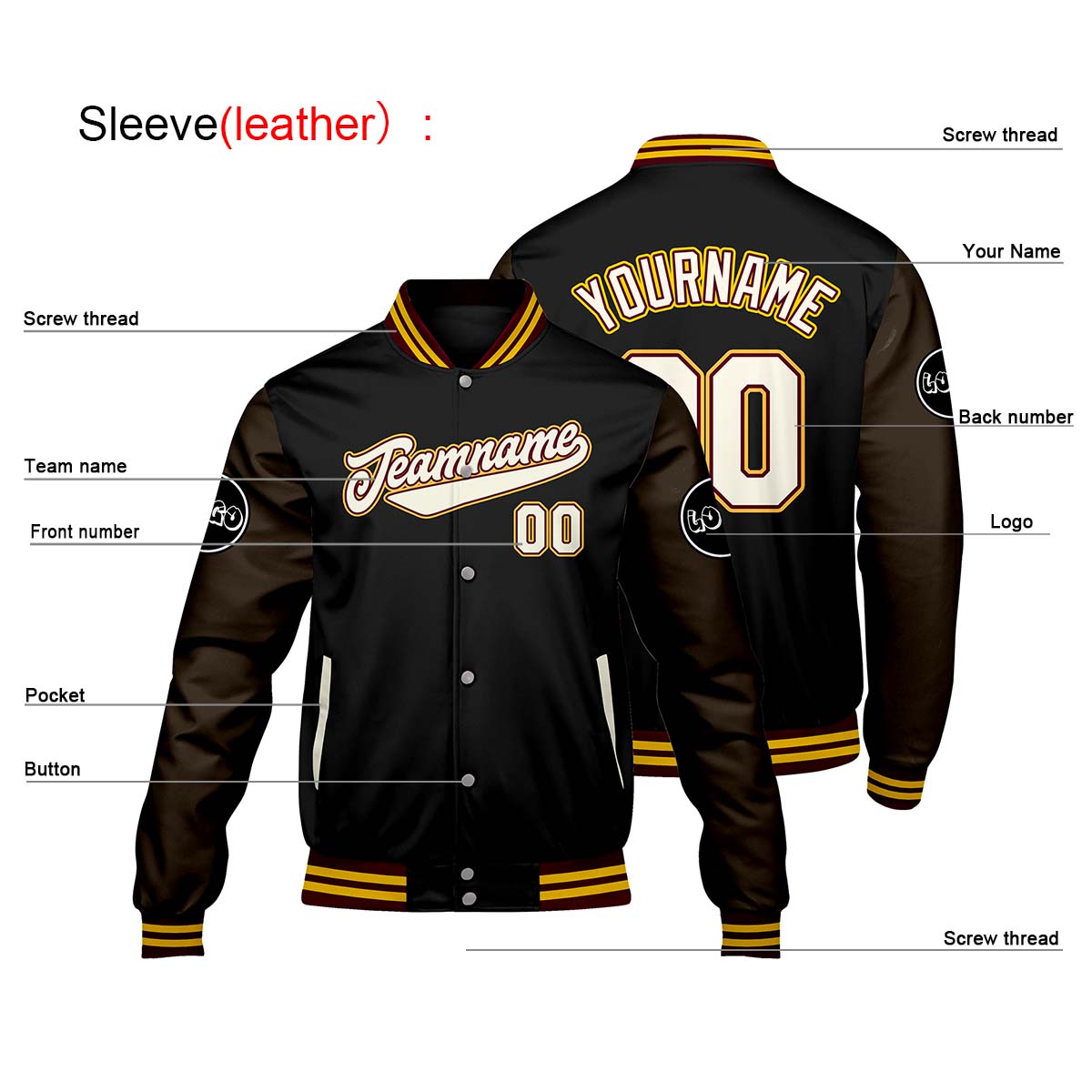 Chaquetas universitarias personalizadas en negro y marrón para hombres & mujeres y jóvenes & Chaquetas Letterman personalizadas