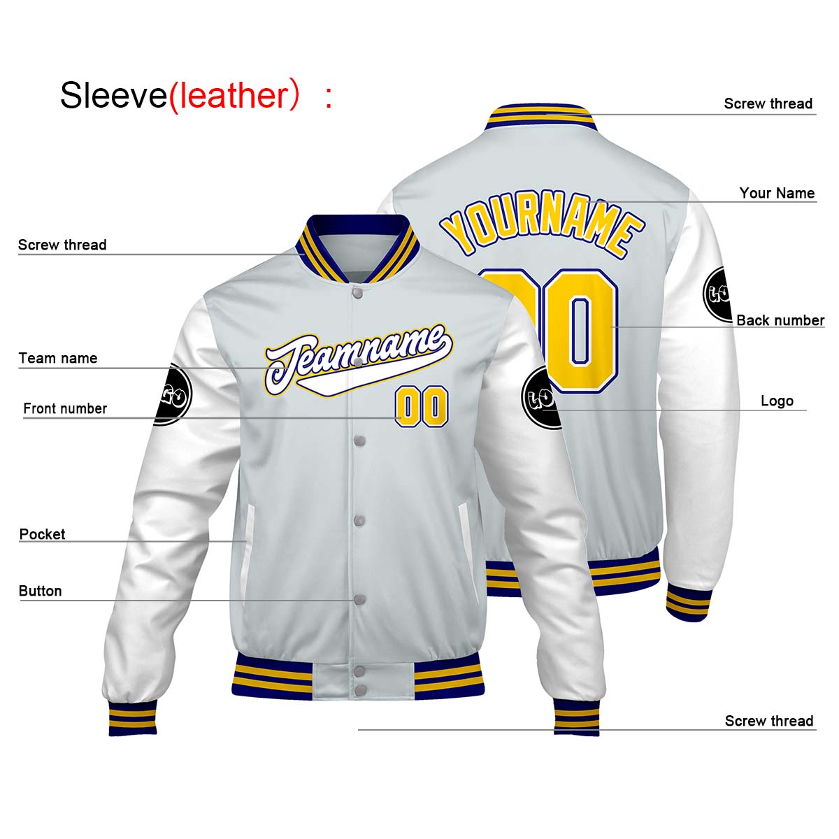 Chaquetas universitarias personalizadas en gris claro y blanco para hombres & mujeres y jóvenes & Chaquetas Letterman personalizadas