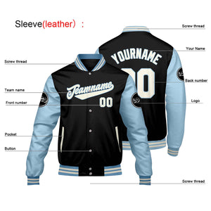Chaquetas universitarias personalizadas en negro y azul claro para hombres & mujeres y jóvenes & Chaquetas Letterman personalizadas