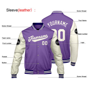 Chaquetas universitarias personalizadas en color morado & crema y blanco para hombres & mujeres y jóvenes & Chaquetas Letterman personalizadas