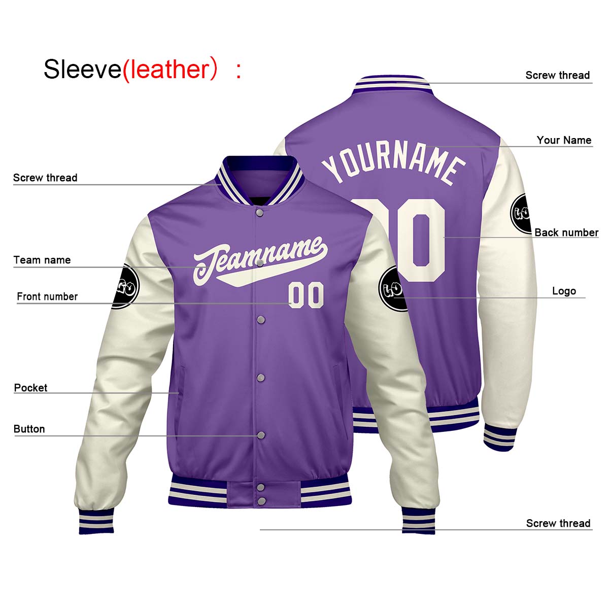 Chaquetas universitarias personalizadas en color morado & crema y blanco para hombres & mujeres y jóvenes & Chaquetas Letterman personalizadas