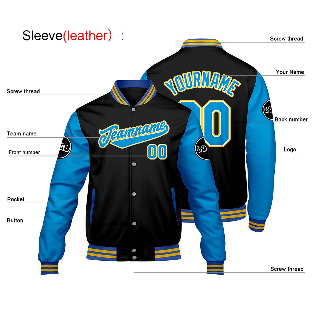 Chaquetas universitarias personalizadas en negro y azul para hombres & mujeres y jóvenes & Chaquetas Letterman personalizadas