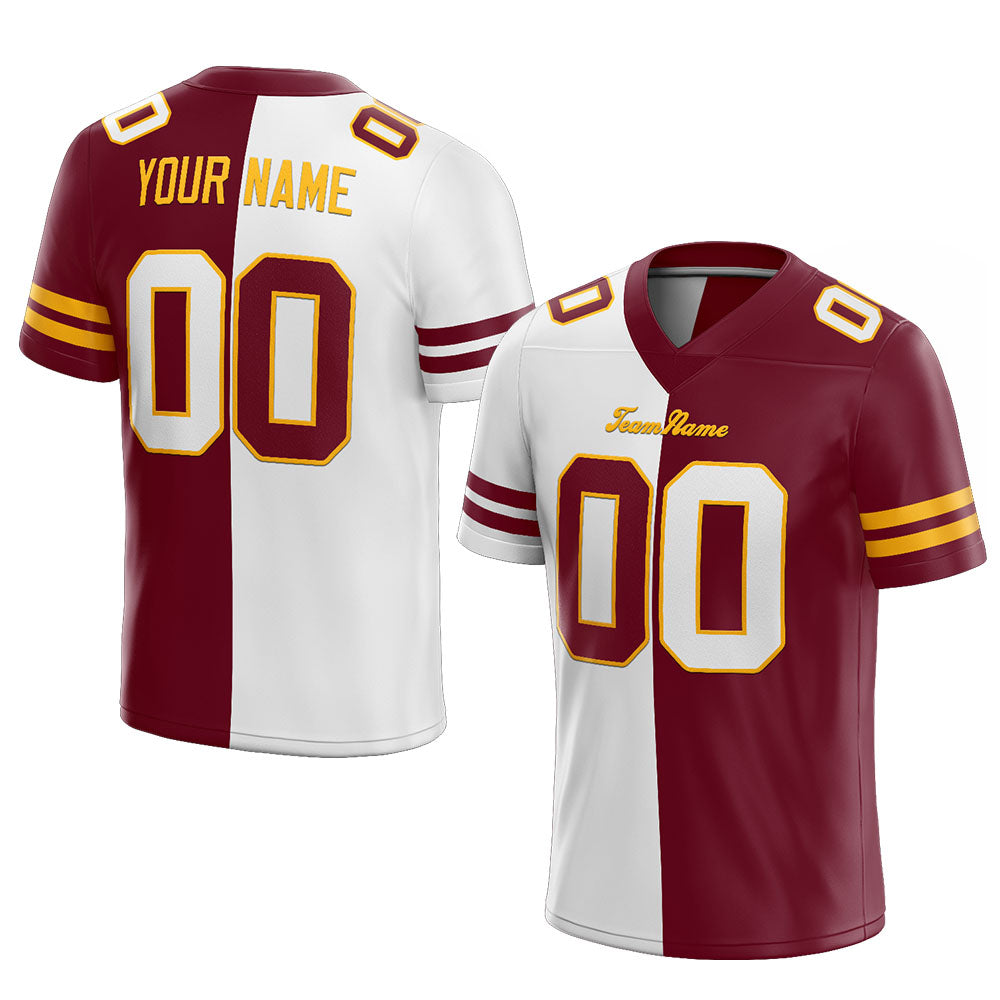 custom authentic split fashion football jersey burgundy-white-yellow mesh