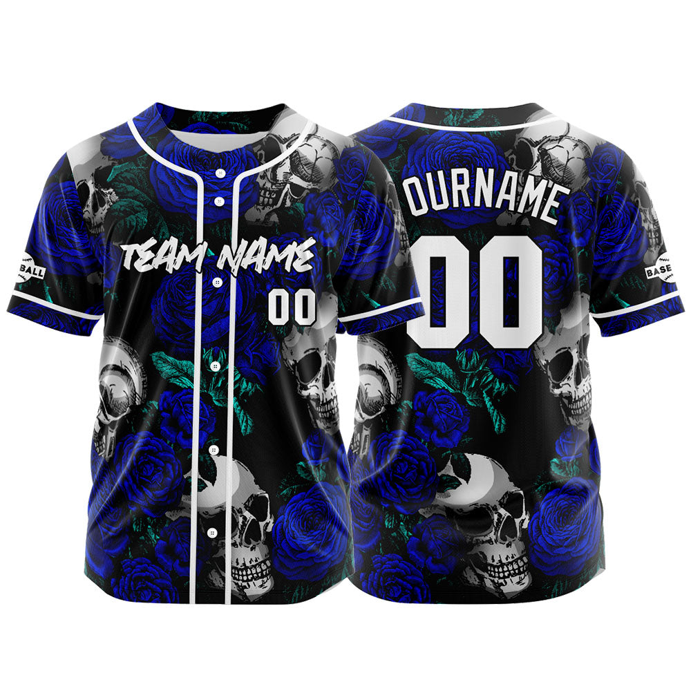 Camiseta de béisbol personalizada para hombres mujeres ni?os y jóvenes equipos con bordados y estampado de calaveras rosas y azul marino