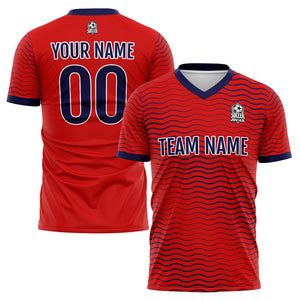 Uniforme de fútbol personalizado para niños y adultos & conjunto personalizado & camiseta roja y azul marino con diseño de olas