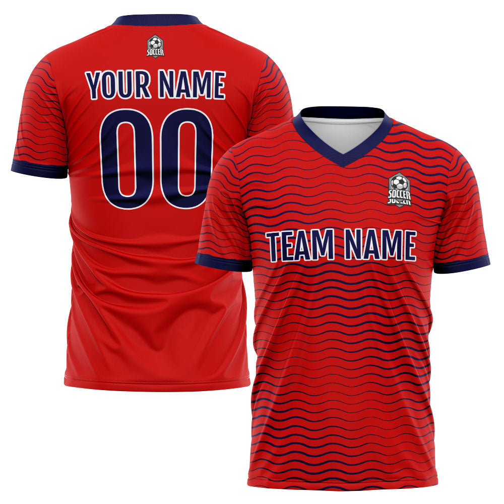 Uniforme de fútbol personalizado para niños y adultos & conjunto personalizado & camiseta roja y azul marino con diseño de olas
