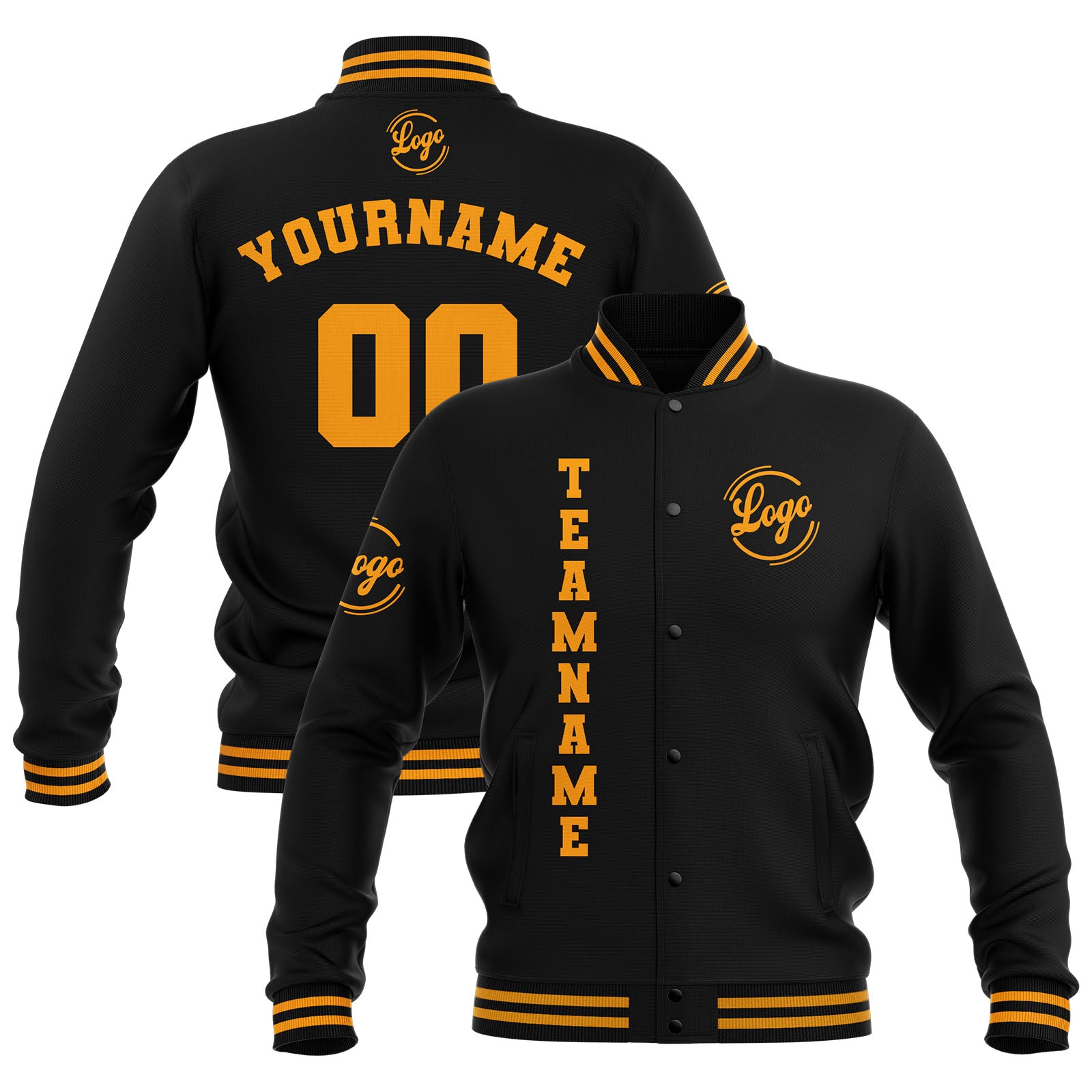 Chaquetas universitarias impermeables negras y amarillas personalizadas con nombre-número y logotipo bordados a medida
