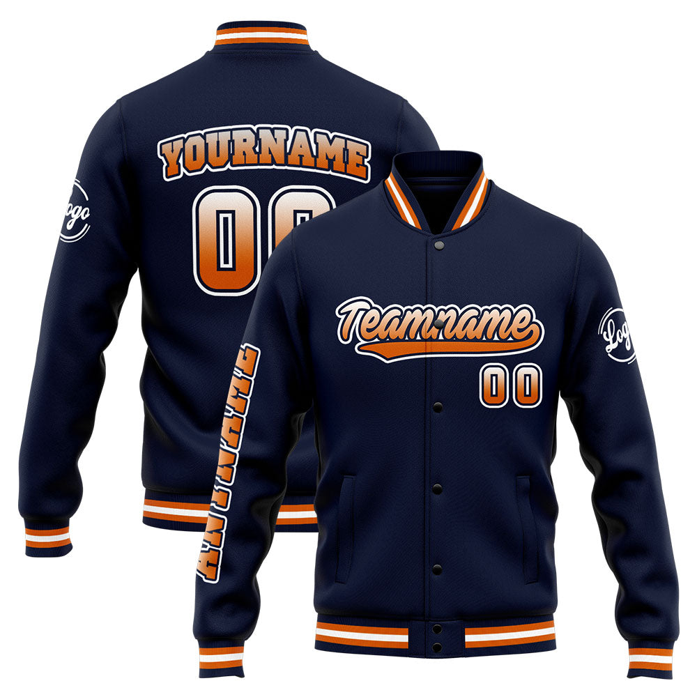 Chaqueta universitaria personalizada estilo Letterman para hombres-mujeres y jóvenes-color azul marino y naranja