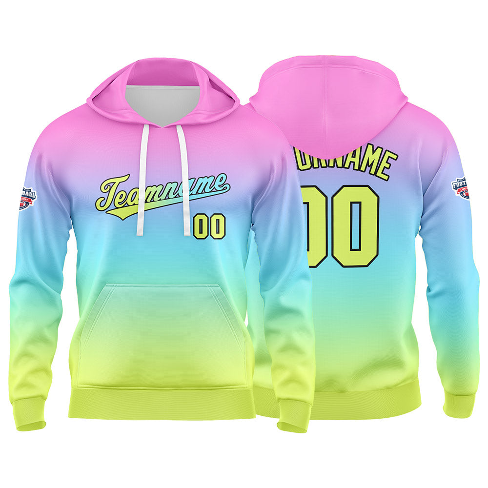 Sudadera con capucha personalizada con degradado para hombre-mujer-niña o niño Estampa tu logotipo-nombre o número en rosa-azul o amarillo