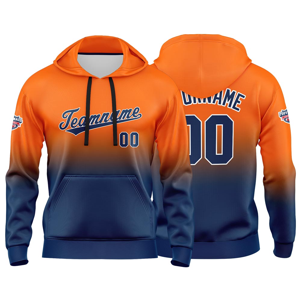Sudadera con capucha personalizada con degradado para hombre-mujer-niña o niño Estampa tu logotipo-nombre o número Color naranja y azul marino