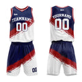 Uniforme de baloncesto personalizado azul marino-rojo y blanco con tu logotipo-nombre y número impresos