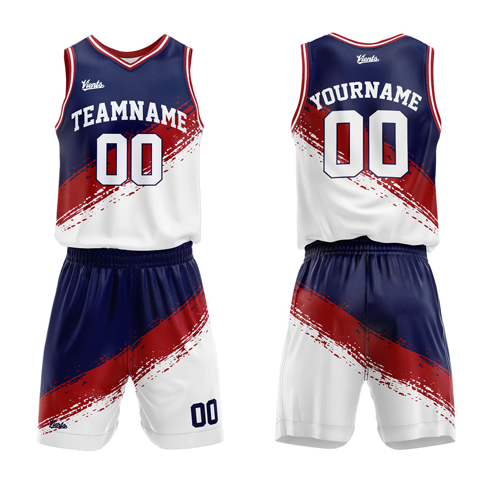 Uniforme de baloncesto personalizado azul marino-rojo y blanco con tu logotipo-nombre y número impresos