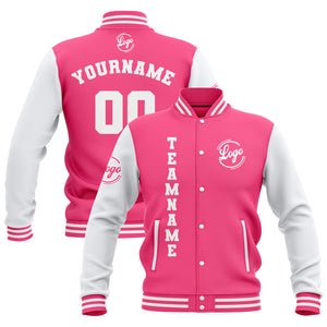 Chaquetas universitarias impermeables personalizadas en rosa y blanco con nombre-número y logotipo bordados a medida