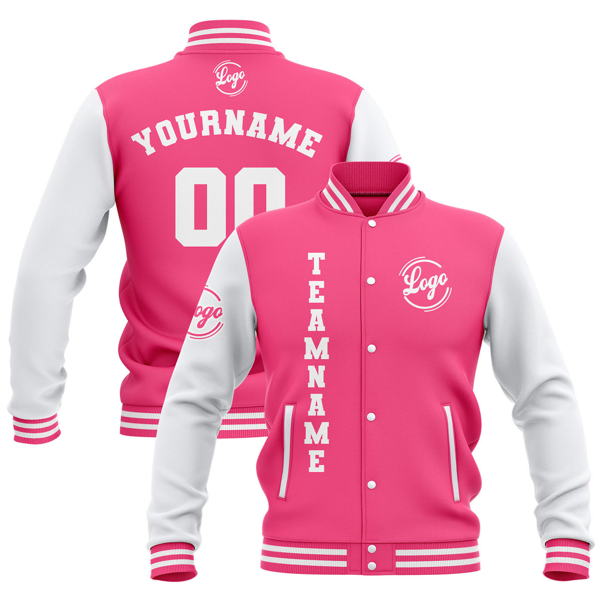 Chaquetas universitarias impermeables personalizadas en rosa y blanco con nombre-número y logotipo bordados a medida