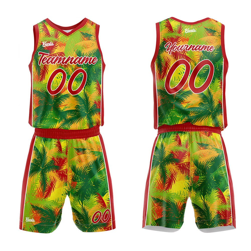 Uniforme de baloncesto personalizado con estampado de plantas tropicales-tu logotipo-nombre y número impresos