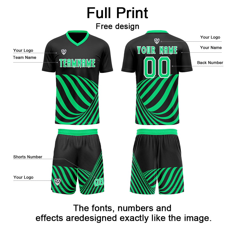 Conjunto personalizado de camiseta de uniforme negra y verde para niños y adultos