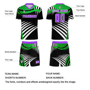 Conjunto personalizado de camiseta de uniforme verde y morado para niños y adultos