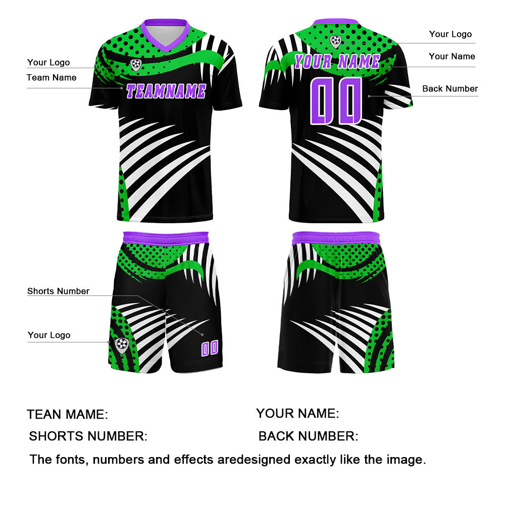 Conjunto personalizado de camiseta de uniforme verde y morado para niños y adultos