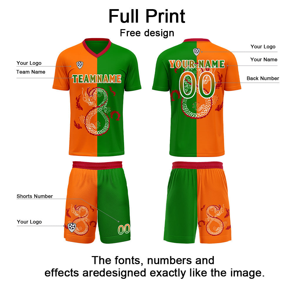 Conjunto personalizado de camiseta de uniforme naranja y verde para niños y adultos