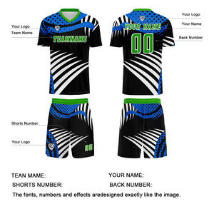 Conjunto personalizado de camiseta de uniforme azul y verde para niños y adultos
