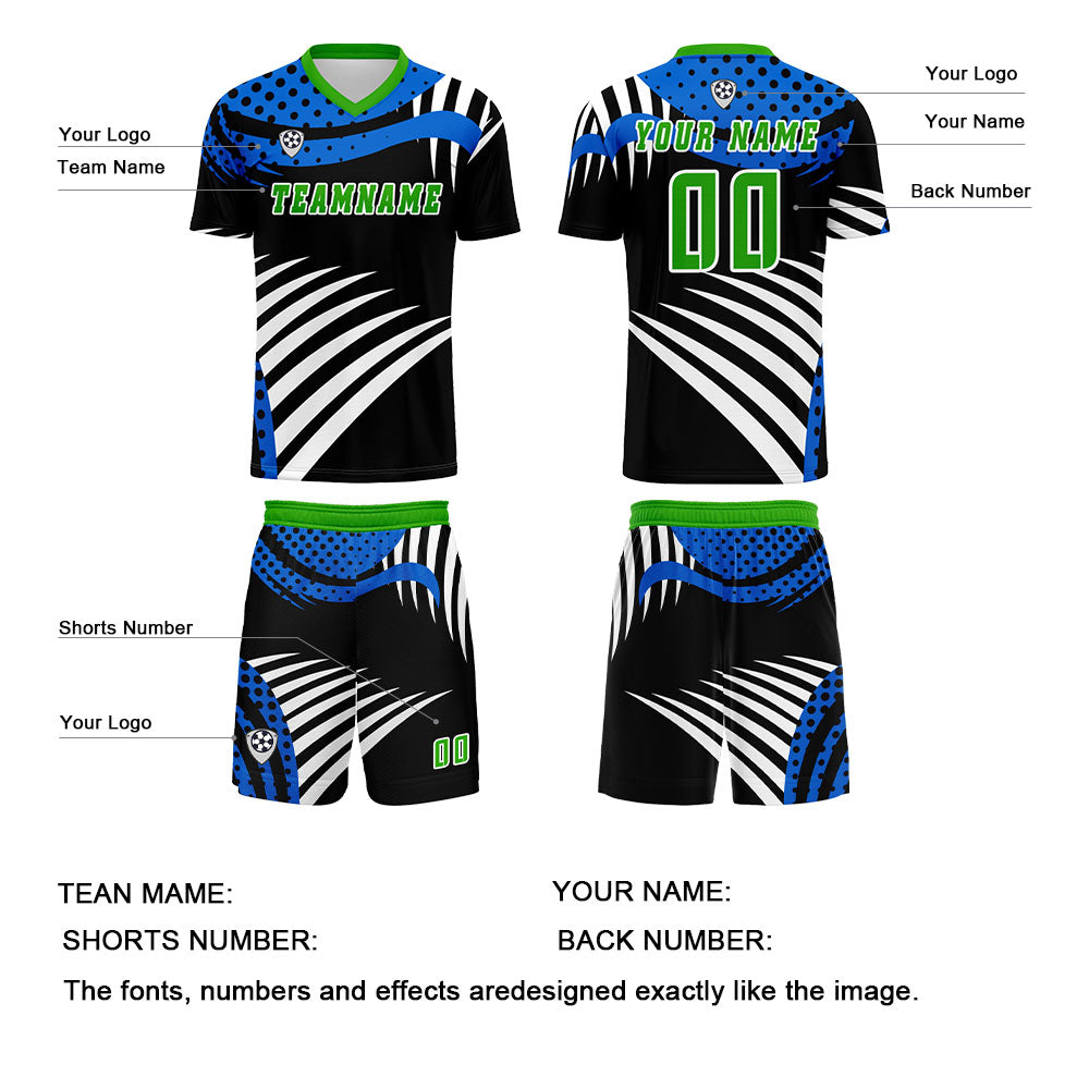 Conjunto personalizado de camiseta de uniforme azul y verde para niños y adultos
