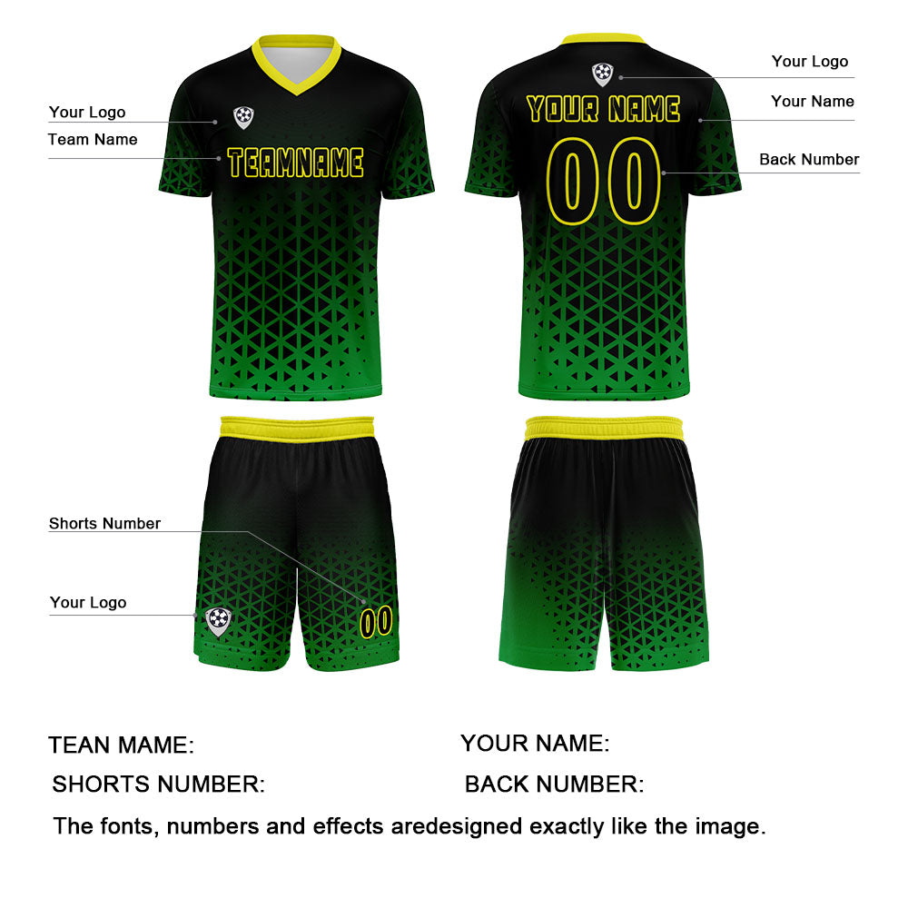 Conjunto personalizado de camiseta de uniforme verde y amarillo para niños y adultos